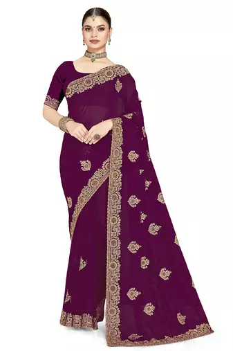 Designer wine coding zarkan embroidery georgette saree
