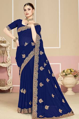 Designer navy blue coding zarkan embroidery georgette saree