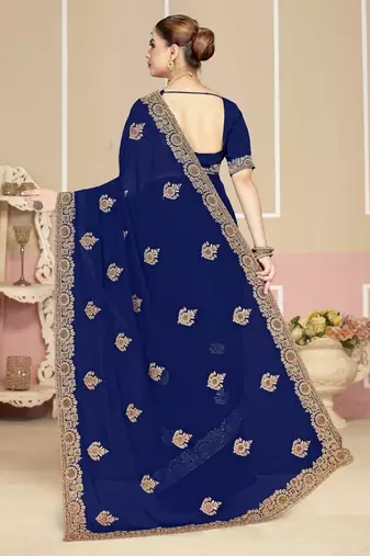 Designer navy blue coding zarkan embroidery georgette saree