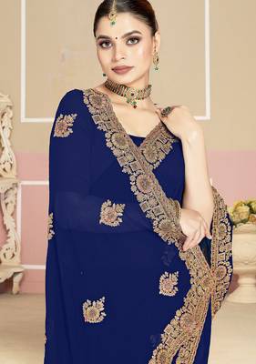 Designer navy blue coding zarkan embroidery georgette saree 3