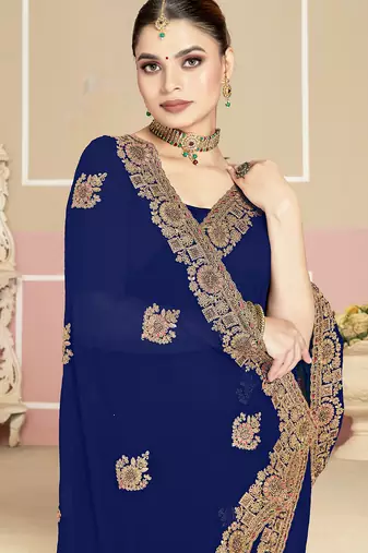 Designer navy blue coding zarkan embroidery georgette saree