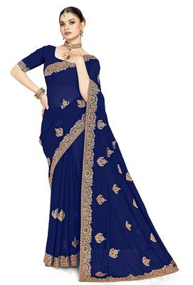 Designer navy blue coding zarkan embroidery georgette saree 5