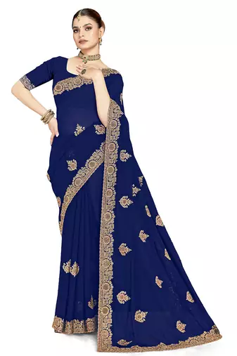 Designer navy blue coding zarkan embroidery georgette saree