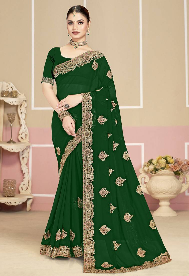 Designer green coding zarkan embroidery georgette saree