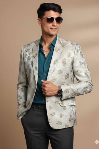 Men'S Green Jaquared Blazer