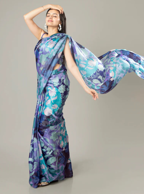 Purple floral prints  heavy japan satin saree with unstitched blouse 1