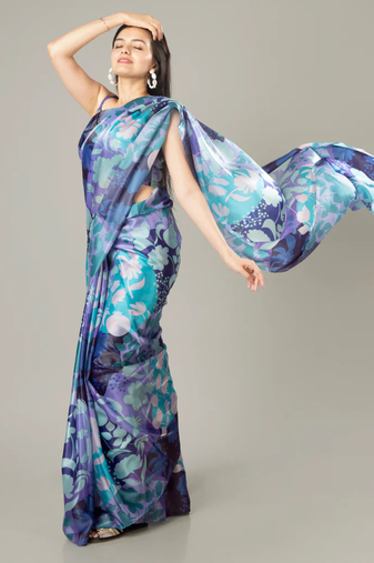 Purple floral prints  heavy japan satin saree with unstitched blouse