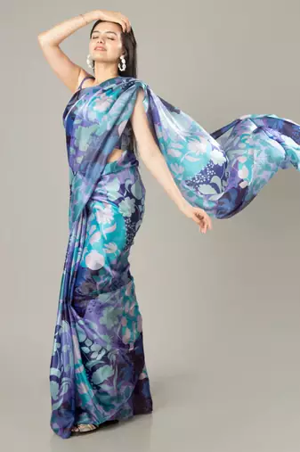 Purple floral prints  heavy japan satin saree with unstitched blouse