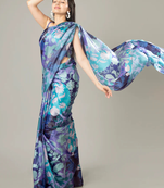 Purple floral prints  heavy japan satin saree with unstitched blouse