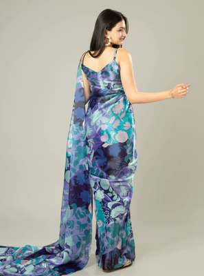 Purple floral prints  heavy japan satin saree with unstitched blouse 3