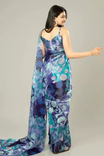Purple floral prints  heavy japan satin saree with unstitched blouse