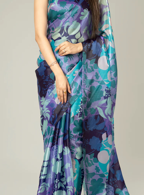 Purple floral prints  heavy japan satin saree with unstitched blouse 4