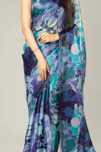 Purple floral prints  heavy japan satin saree with unstitched blouse