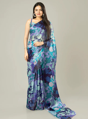 Purple floral prints  heavy japan satin saree with unstitched blouse 2