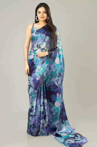 Purple floral prints  heavy japan satin saree with unstitched blouse