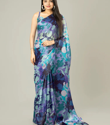 Purple floral prints  heavy japan satin saree with unstitched blouse