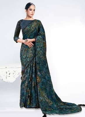 dark peacock blue brasso digital print with embroidery hand work saree 1