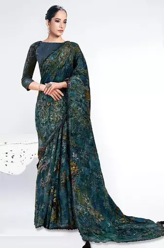 dark peacock blue brasso digital print with embroidery hand work saree