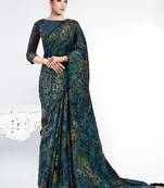 dark peacock blue brasso digital print with embroidery hand work saree