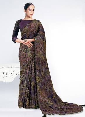 dark purple brasso digital print with embroidery hand work saree 1