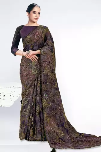 dark purple brasso digital print with embroidery hand work saree
