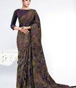 dark purple brasso digital print with embroidery hand work saree