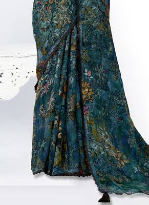 dark peacock blue brasso digital print with embroidery hand work saree 2