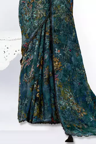 dark peacock blue brasso digital print with embroidery hand work saree