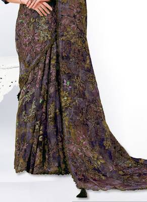 dark purple brasso digital print with embroidery hand work saree 2