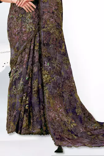 dark purple brasso digital print with embroidery hand work saree