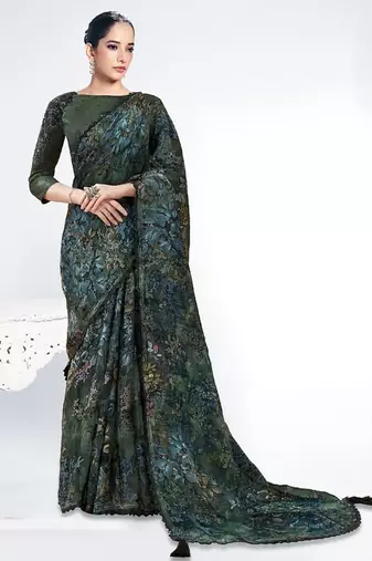 Mehndi brasso digital print with beads embroidery with stone hand work party wear saree