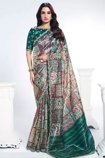 sea green two tone paper silk digital print with embroidery hand work saree
