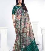 sea green two tone paper silk digital print with embroidery hand work saree