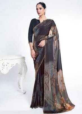 shaded black satin silk digital print serocky stone work party wear saree 1