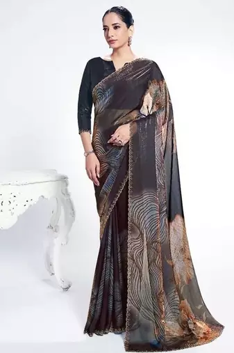 shaded black satin silk digital print serocky stone work party wear saree