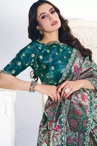 sea green two tone paper silk digital print with embroidery hand work saree