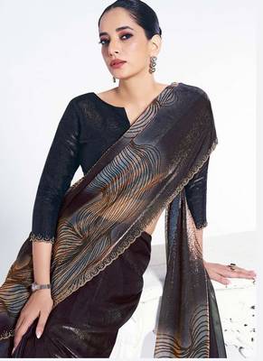 shaded black satin silk digital print serocky stone work party wear saree 2
