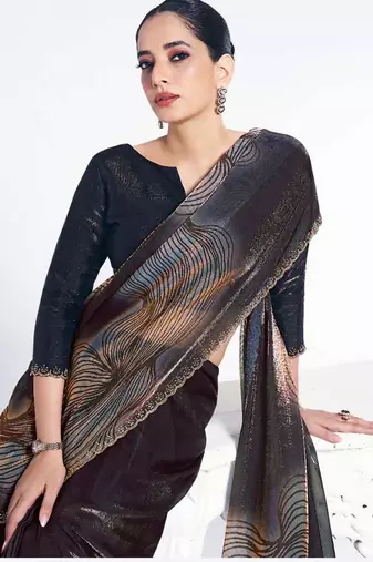 shaded black satin silk digital print serocky stone work party wear saree