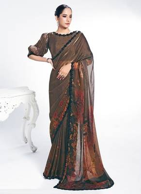 coffee two tone satin silk digital print with beads embroidery work saree 1