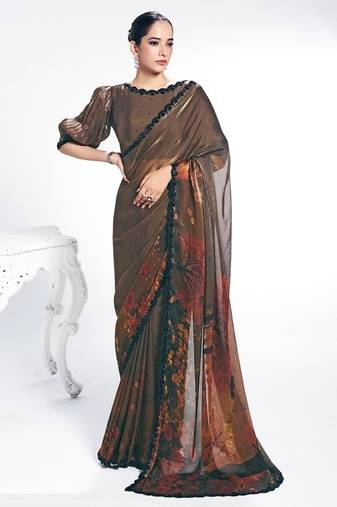coffee two tone satin silk digital print with beads embroidery work saree