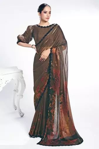coffee two tone satin silk digital print with beads embroidery work saree