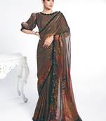 coffee two tone satin silk digital print with beads embroidery work saree
