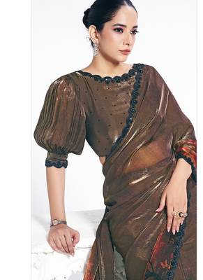 coffee two tone satin silk digital print with beads embroidery work saree 2