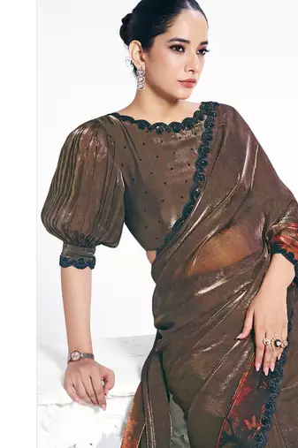 coffee two tone satin silk digital print with beads embroidery work saree