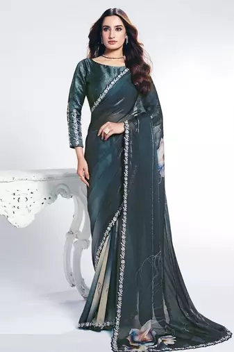 peacock blue two tone satin silk digital print with embroidery hand work saree