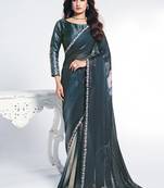 peacock blue two tone satin silk digital print with embroidery hand work saree