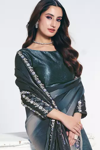 peacock blue two tone satin silk digital print with embroidery hand work saree