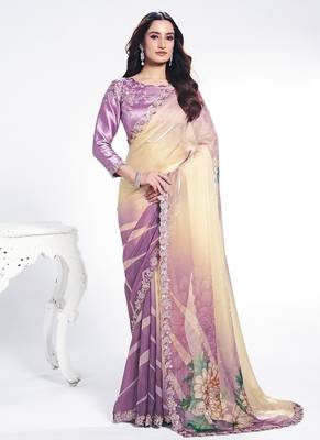 shaded off white & lavender two tone satin silk digital print with embroidery sequince hand work wear saree 1