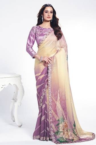 shaded off white & lavender two tone satin silk digital print with embroidery sequince hand work wear saree