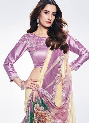 shaded off white & lavender two tone satin silk digital print with embroidery sequince hand work wear saree 2